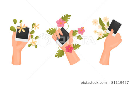 Female hands holding retro photo frame and flowers set vector illustration Female hands holding retro photo frame and flowers set vector illustration 81119457