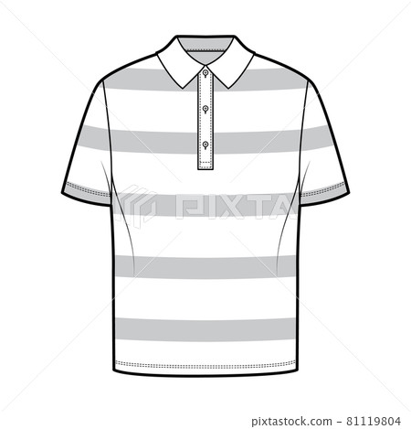 Shirt rugby stripes technical fashion illustration with short sleeves, tunic length, oversized body, henley collar. 81119804