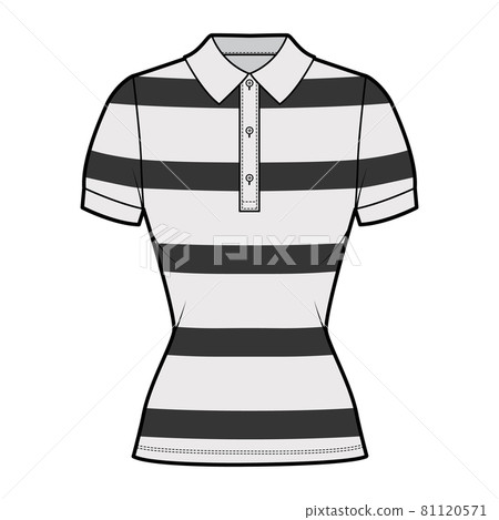 Shirt rugby stripes technical fashion illustration with short sleeves, tunic length,, fitted body, henley polo collar.  81120571