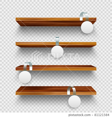 Realistic vector wooden store shelves, supermarket promotional wobblers. Product shelf with 81121384