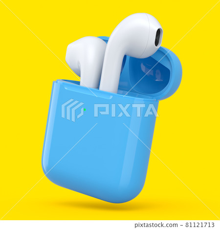 Wireless bluetooth headphones in blue case isolated on yellow background Wireless bluetooth headphones in blue case isolated on yellow background 81121713