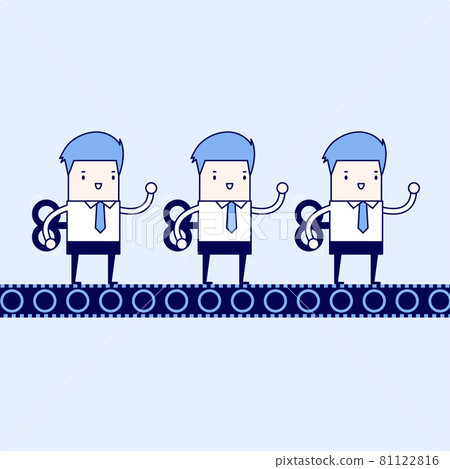 Conveyor produces similar businessman mechanical workers. Cartoon character thin line style vector. 81122816