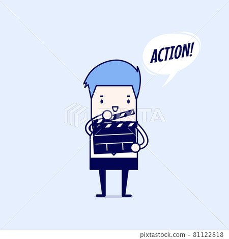 Businessman holding movie slate and say action. Cartoon character thin line style vector. Businessman holding movie slate and say action. Cartoon character thin line style vector. 81122818