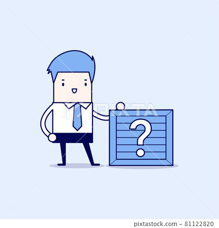 Businessman standing beside unknown box. Cartoon character thin line style vector. 81122820