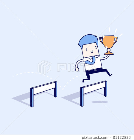 Businessman jumping and holding trophy. Cartoon character thin line style vector. Businessman jumping and holding trophy. Cartoon character thin line style vector. 81122823