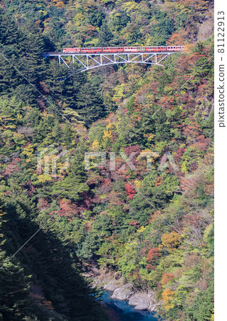 (Shizuoka Prefecture) Oigawa Railway Train running on the Sekisawa Bridge 81122913