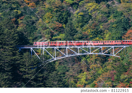 (Shizuoka Prefecture) Oigawa Railway Train running on the Sekisawa Bridge 81122915