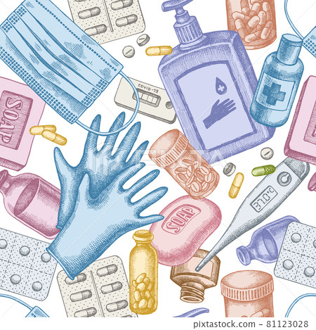 Seamless pattern with hand drawn pastel pills and medicines, medical face mask, sanitizer bottles Seamless pattern with hand drawn pastel pills and medicines, medical face mask, sanitizer bottles 81123028
