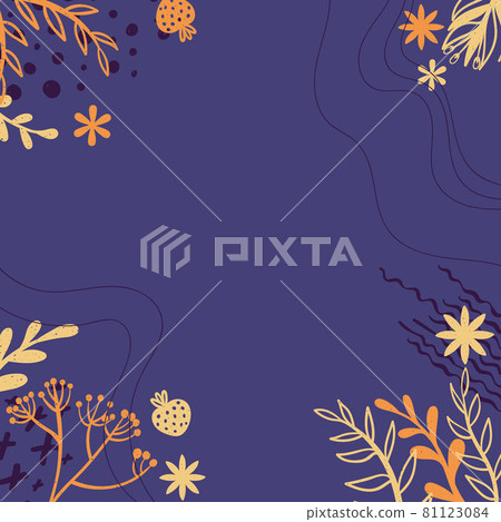 Square background with doodle flower and leaves silhouette and abstract shapes and place for text. Banner with copy space and hand drawn decorative plant and trendy shapes in Scandinavian style. 81123084