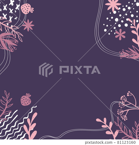 Square background with doodle flower and leaves silhouette and abstract shapes and place for text. Banner with copy space and hand drawn decorative plant and trendy shapes in Scandinavian style. Square background with doodle flower and leaves silhouette and abstract shapes and place for text. Banner with copy space and hand drawn decorative plant and trendy shapes in Scandinavian style. 81123160