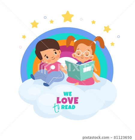 Kids love reading. Girl and boy read book with fairy tales on cloud. Children develop imagination. Rainbow background. Cartoon poster with lettering. Vector happy babies enjoy of literature 81123650
