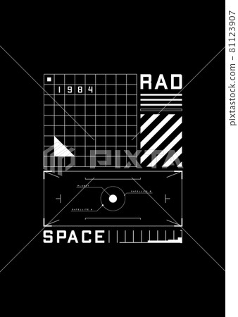 Space 1984 t-shirt and apparel design with the 1980s space aesthetics retro-future. Retrofuturistic HUD interface, grids, scales. Black and white print. Vector Space 1984 t-shirt and apparel design with the 1980s space aesthetics retro-future. Retrofuturistic HUD interface, grids, scales. Black and white print. Vector 81123907