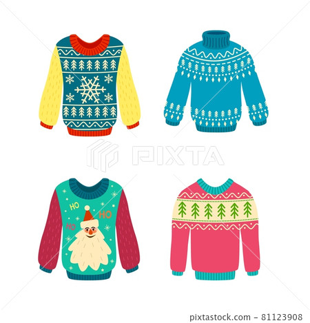 Jumpers with patterns christmas. Knitted xmas elements. Woolen ugly sweaters with snowflakes and santa, pullover stylish new year winter holiday design. Vector cartoon flat isolated set Jumpers with patterns christmas. Knitted xmas elements. Woolen ugly sweaters with snowflakes and santa, pullover stylish new year winter holiday design. Vector cartoon flat isolated set 81123908