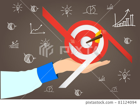 Illustration of a businessman holding a goal with arrows running into the center circle on all sides. And around the area there are doodle drawings. Illustration of a businessman holding a goal with arrows running into the center circle on all sides. And around the area there are doodle drawings. 81124094