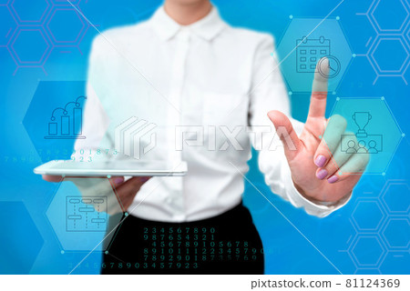 Lady In Uniform Standing Holding Tablet In Hand Pressing Virtual Globe Button. Bussiness Woman Carrying Tab Poining For New Futuristic Technologies. Lady In Uniform Standing Holding Tablet In Hand Pressing Virtual Globe Button. Bussiness Woman Carrying Tab Poining For New Futuristic Technologies. 81124369