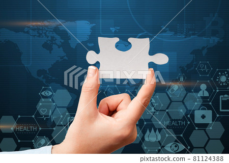 Hand Holding Jigsaw Puzzle Piece Unlocking New Futuristic Technologies. Palm Carrying Puzzles Part Displaying Solving Late Innovative Virtual Ideas. 81124388