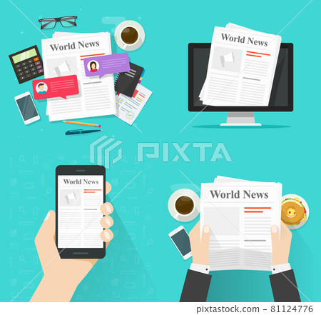 Newspaper on table desk and news paper online digital on computer screen and mobile cell phone app flat cartoon vector illustration, person man reading press media on cafe as coffee break idea Newspaper on table desk and news paper online digital on computer screen and mobile cell phone app flat cartoon vector illustration, person man reading press media on cafe as coffee break idea 81124776