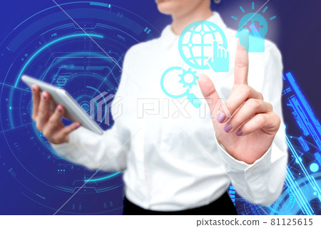Lady In Uniform Side Standing Holding Tablet In Hand Pressing Virtual Globe Button. Bussiness Woman Carrying Tab Poining For New Futuristic Technologies. 81125615