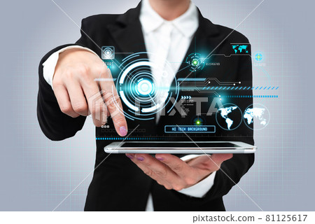 Lady In Uniform Standing Holding Tablet In Hand Presenting Virtual Modern Technology. Business Woman Carrying Tab Pointing For New Futuristic Tech. 81125617
