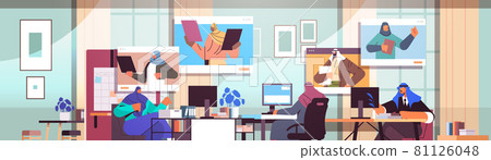 arab businesspeople discussing with colleagues in web browser windows during video call virtual conference arab businesspeople discussing with colleagues in web browser windows during video call virtual conference 81126048