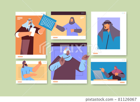 arab businesspeople in web browser windows discussing during video call business people team using virtual conference arab businesspeople in web browser windows discussing during video call business people team using virtual conference 81126067