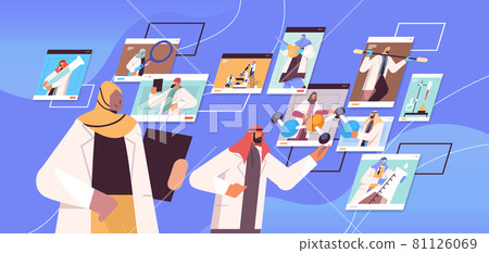 arab researchers discussing during video call scientists making chemical experiments molecular engineering arab researchers discussing during video call scientists making chemical experiments molecular engineering 81126069