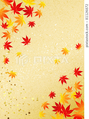 Autumn leaves vertical on a Japanese paper-style light vermilion background 81126872