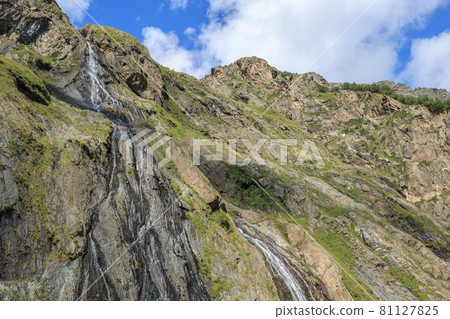 Panorama view of waterfall scene in mountains, national park of Dombay, Cauca Panorama view of waterfall scene in mountains, national park of Dombay, Cauca 81127825