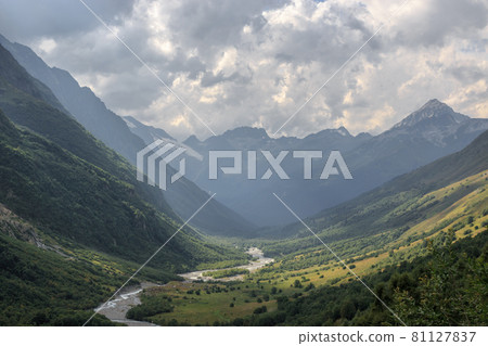 Panorama view on mountains with river scene in national park of Dombay Panorama view on mountains with river scene in national park of Dombay 81127837