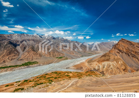 View of Spiti valley and Spiti river in Himalayas. View of Spiti valley and Spiti river in Himalayas. 81128855