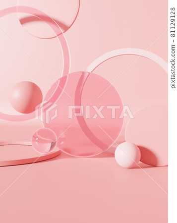 3D Rendering Studio Shot Product Display Background with Transparent Pink Spheres, Plates and Rings for Beauty or Skincare Products. 81129128
