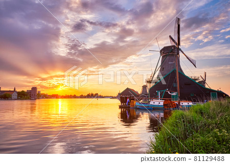 Windmills at Zaanse Schans in Holland on sunset. Zaandam, Nether 81129488