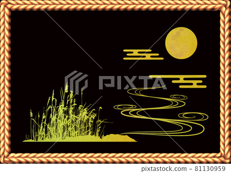 Makie-style full moon and Ogi, flowing water crest, Kasumi pattern _ with gold rope frame 81130959