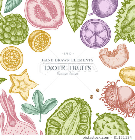 Design with pastel colored papaya, guava, passion fruit, starfruit, durian, rambutan, pitaya 81131154