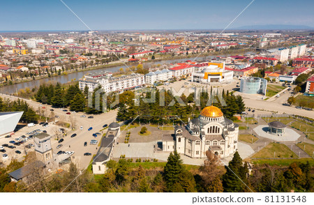 Aerial view of Poti cityscape with Orthodox Cathedral, Georgia 81131548