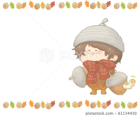 秋色蟲蛀橡子坤，橡子和落葉的框架，棕色版 81134930