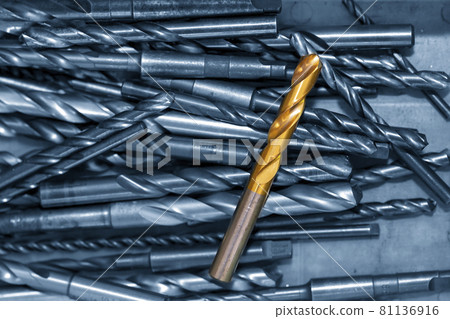 The group of various size of drill tools on the container box. 81136916