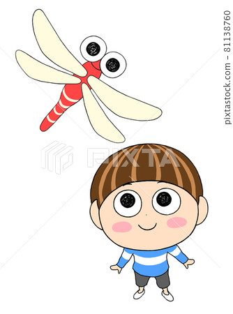 看一隻紅色蜻蜓和微笑的一個小男孩的例證 81138760