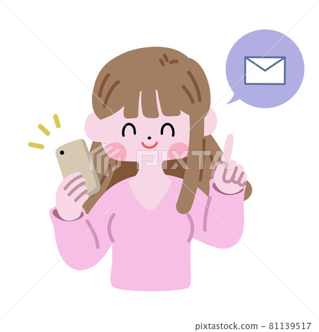 一個女人拿著智能手機,擺出一個指向性的姿勢來吸引人 一個女人拿著智能手機,擺出一個指向性的姿勢來吸引人 81139517