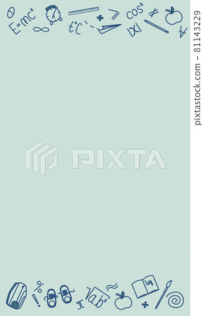 Vertical Card of A4 format with school stuff design on the top and bottom of the page. School or preschool template background for gratulation, invitation. Place for text. 81143229