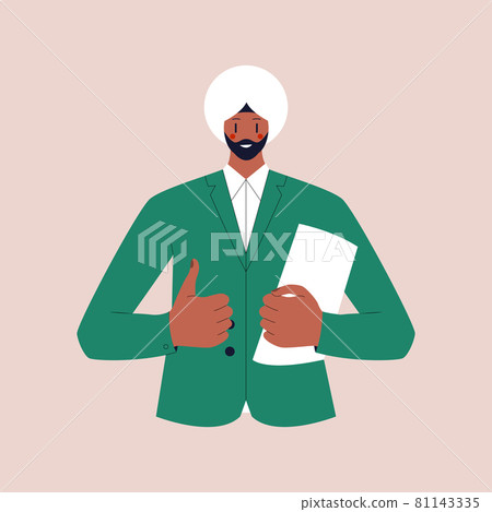 A guy with a beard in a turban in a business suit holds a folder with documents and shows a thumbs up. Colorful flat vector illustration on isolated background. Eps 10. 81143335