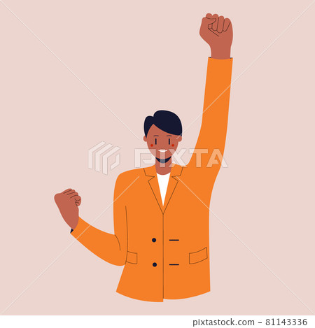 Asian guy in a business suit stands in the winner pose. A confident businessman. Colorful flat vector illustration on isolated background. Eps 10. Asian guy in a business suit stands in the winner pose. A confident businessman. Colorful flat vector illustration on isolated background. Eps 10. 81143336