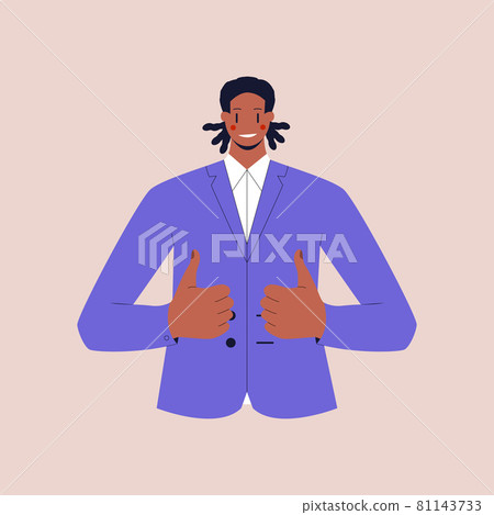 A smiling black man in a business suit shows a thumbs up on both hands. Colorful flat vector illustration on isolated background. Eps 10. 81143733