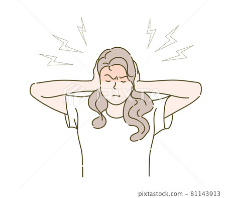 Young woman covering ears with hands,she annoyed expression for the noise of loud. Deaf concept. Hand drawn in thin line style, vector illustrations. 81143913