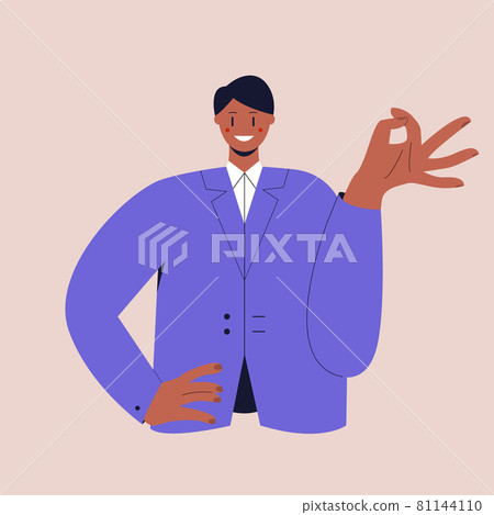 A happy black man in a business suit shows the OK sign. The ok gesture. Colorful flat vector illustration on isolated background. Eps 10. A happy black man in a business suit shows the OK sign. The ok gesture. Colorful flat vector illustration on isolated background. Eps 10. 81144110
