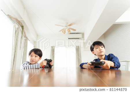 兩個男孩在家用視頻遊戲機上玩耍 81144870