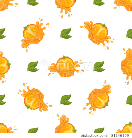 Seamless pattern with fresh bright persimmon fruit juice splash isolated on white background. Summer fruits for healthy lifestyle. Organic fruit. Cartoon style. Vector illustration for any design. 81146109
