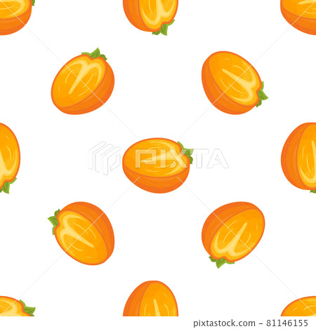 Seamless pattern with fresh half cut persimmon fruit isolated on white background. Summer fruits for healthy lifestyle. Organic fruit. Cartoon style. Vector illustration for any design. 81146155