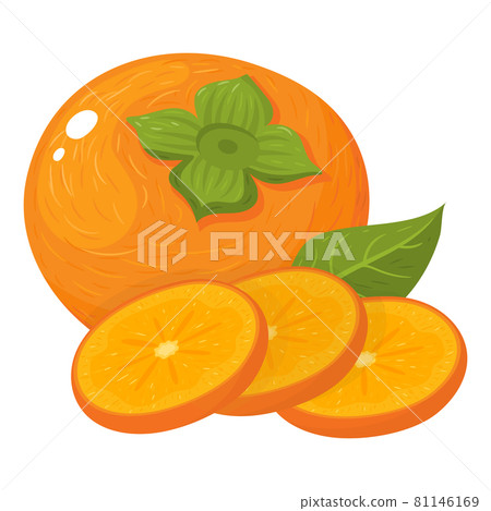 Fresh whole and cut slices persimmon fruits isolated on white background. Summer fruits for healthy lifestyle. Organic fruit. Cartoon style. Vector illustration for any design. Fresh whole and cut slices persimmon fruits isolated on white background. Summer fruits for healthy lifestyle. Organic fruit. Cartoon style. Vector illustration for any design. 81146169