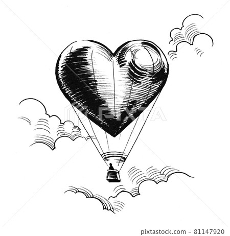 Flying heart. Ink black and white drawing 81147920